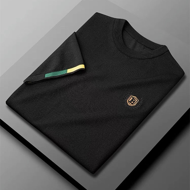 New Simple Ellegant Embroidery Round Neck Ice Silk T-shirt - Sabreeonline