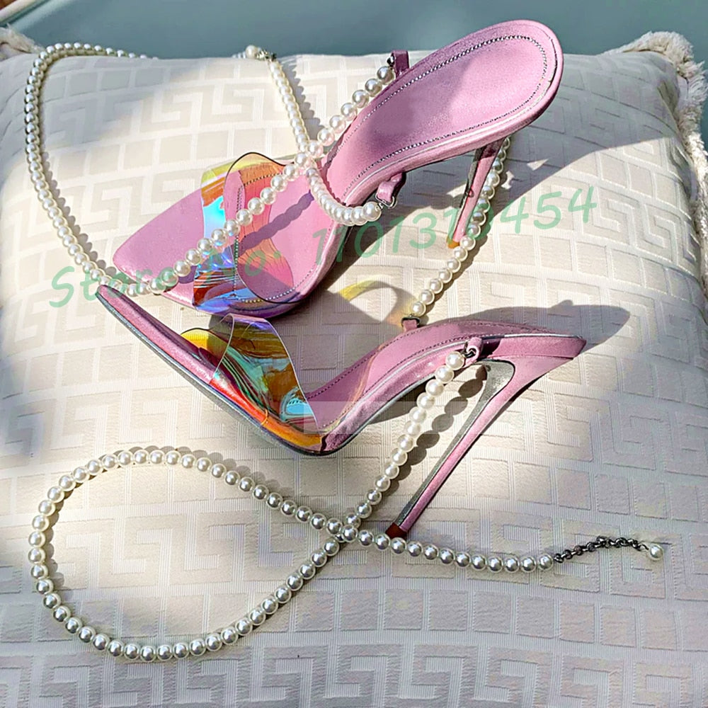 Pearl Chain Pink Lovely Heeled Sandals Women Summer Color PVC Luxury High Heels Shoes Girl&#39;s Elegant Sparkly Large Size Sandals - Sabreeonline