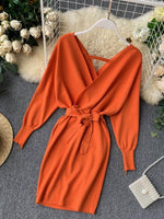 Sweater Dress Batwing Sleeve V Neck Elegant Dress Ladies Bandage Dress - Sabreeonline
