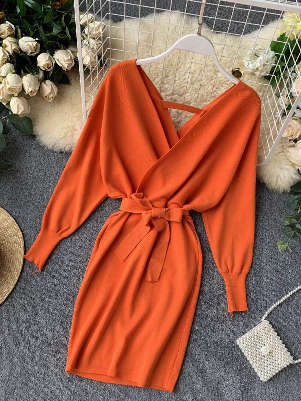 Sweater Dress Batwing Sleeve V Neck Elegant Dress Ladies Bandage Dress - Sabreeonline