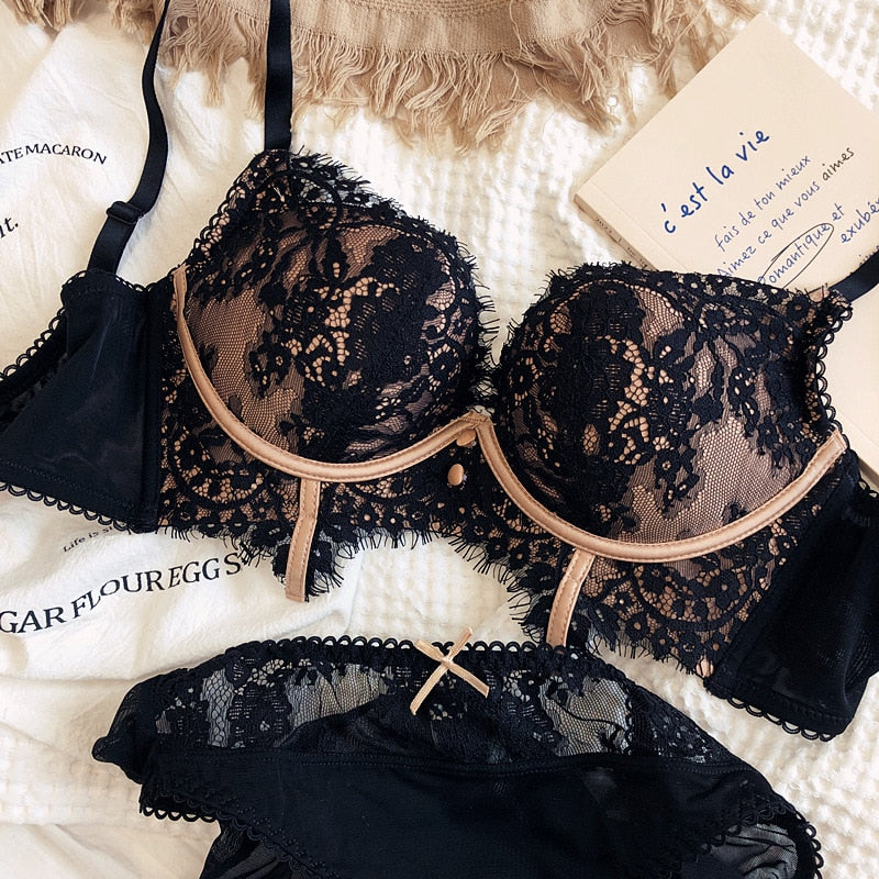 Lace sexy small chest gather lingerie no steel ring upper thin and lower thick underwear set women adjusting bra panty suit - Sabreeonline