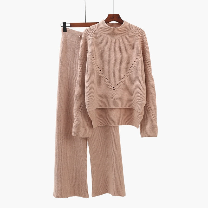 Sets Autumn Winter New Thicken Solid Warm Sweater and Wide Leg Pant Suits - Sabreeonline