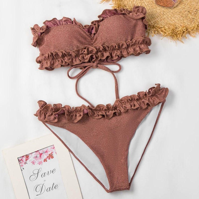 Ruffle Bandeau Bikini Push Up Swimsuit Women Sexy Bikini Sets 2023 Two Piece Brazilian Bathing Suit Bandeau Beach Wear Swimwear