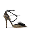 Fur with Rhinestone Flower Decor High Heel Pointed Toe Dress Shoes Women Crystal Cross Belt Party Pumps Stiletto Heels - Sabreeonline
