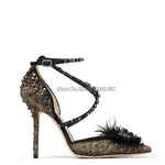 Fur with Rhinestone Flower Decor High Heel Pointed Toe Dress Shoes Women Crystal Cross Belt Party Pumps Stiletto Heels - Sabreeonline