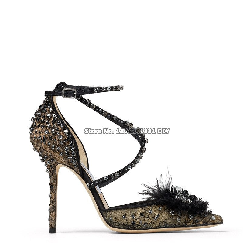 Fur with Rhinestone Flower Decor High Heel Pointed Toe Dress Shoes Women Crystal Cross Belt Party Pumps Stiletto Heels - Sabreeonline