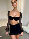 Mozision Mesh Sexy Dress Set Women Strapless Full Sleeve Crop Top And Mini Skirt Matching Sets Female Club Party Two Piece Set