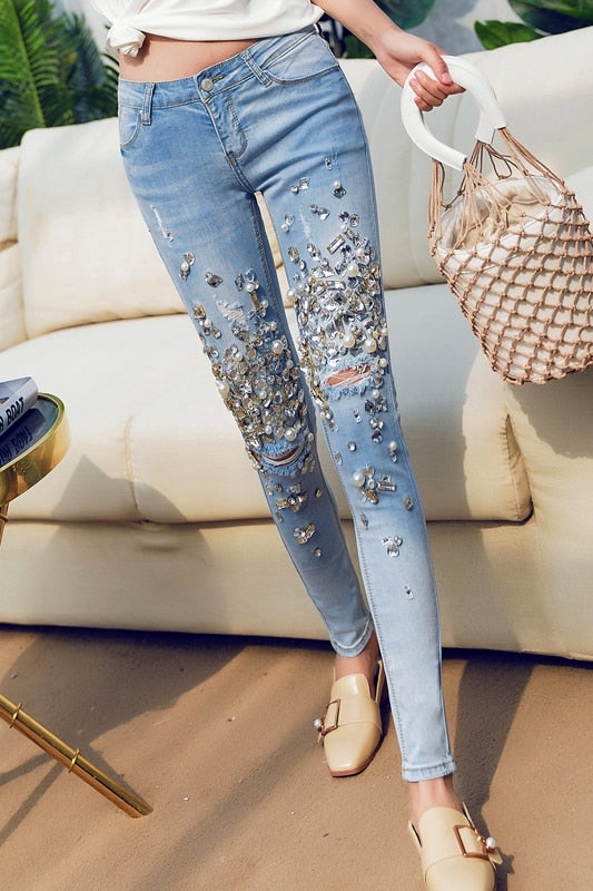 Rhinestones and Diamond-encrusted fashion Jeans - Sabreeonline