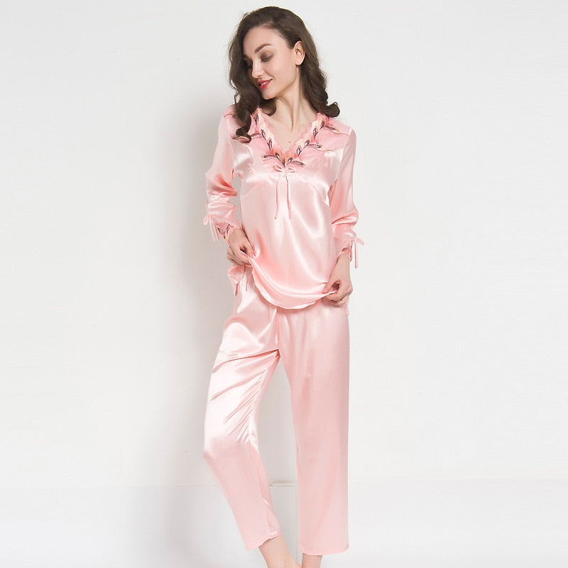 pijamas women Female pantsuit women Ice Silk Suit Long Sleeve silk pajamas Thin Bud Silk Sleeping Home Suit sleepwear - Sabreeonline