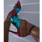 Neon Pink Color Strap Buckle Sandals Women Metal Rivets Heels Patent Leather Thin Heels Party Shiny Sandals 2022 Summer Shoes - Sabreeonline