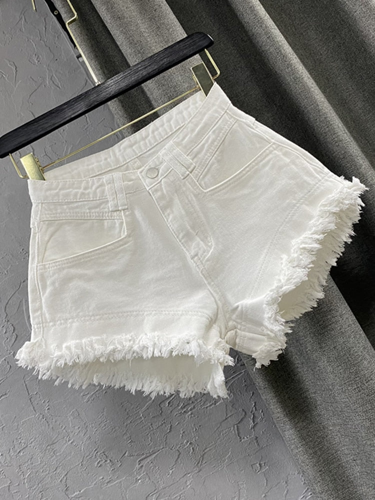 White High Waist Denim Shorts Women'S Tassel Raw Edge Loose Wide-Leg Hot Pants 2022 Summer Fashion Korean Women'S Clothing
