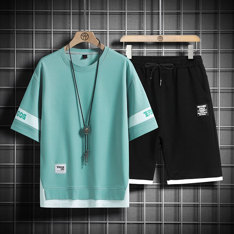 Summer New Mens Set Hip Hop Fashion Tracksuit T-shirt and Shorts Two Piece Set Men Patchwork Color Streetwear Outfit Set - Sabreeonline