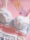 Japanese underwear cute girl sweet blue black plaid bubble lace with steel ring thin large size gather bra set - Sabreeonline