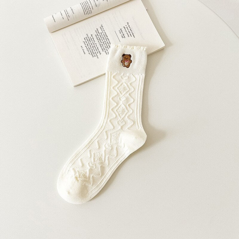 Casual Solid White Socks Women Embroidery Bear Love Flowers Girl Rabbit Cartoon Socks Spring Autum Harajuku Middle Socks - Sabreeonline