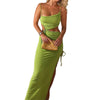 Thorn Tree Spaghetti Strap Hollow Out Long Dress Summer Club Street Party Beach Dresses Women Sleeveless Drawstring Split Dress