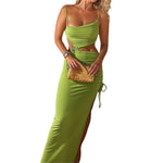 Thorn Tree Spaghetti Strap Hollow Out Long Dress Summer Club Street Party Beach Dresses Women Sleeveless Drawstring Split Dress