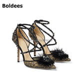 Fur with Rhinestone Flower Decor High Heel Pointed Toe Dress Shoes Women Crystal Cross Belt Party Pumps Stiletto Heels - Sabreeonline