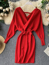 Sweater Dress Batwing Sleeve V Neck Elegant Dress Ladies Bandage Dress - Sabreeonline