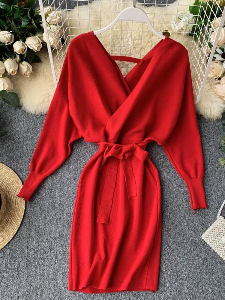 Sweater Dress Batwing Sleeve V Neck Elegant Dress Ladies Bandage Dress - Sabreeonline