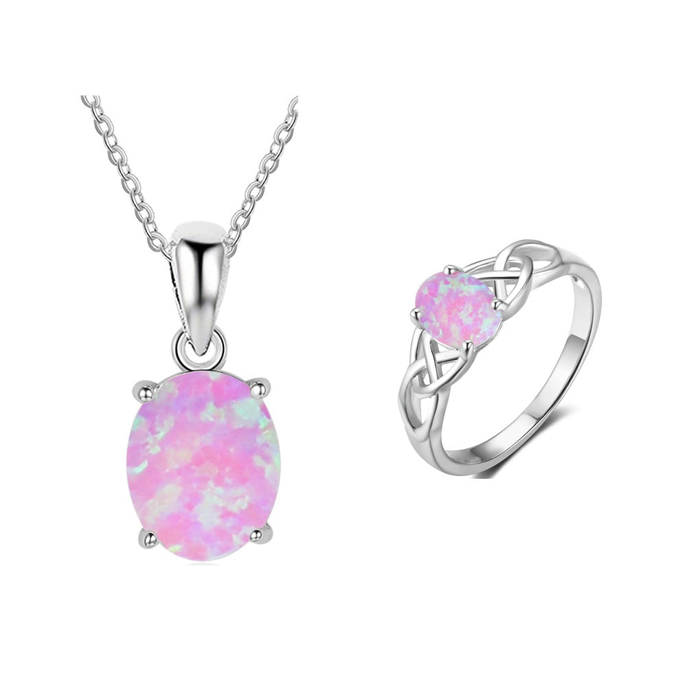 Pink Opal Rings Pendant Necklaces Stud Earrings - Sabreeonline