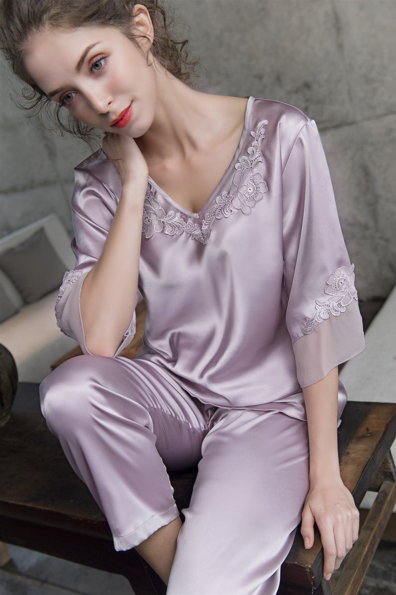 pijamas women Female pantsuit women Ice Silk Suit Long Sleeve silk pajamas Thin Bud Silk Sleeping Home Suit sleepwear - Sabreeonline