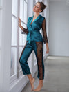 Women's Satin Pajamas Set Gorgeous Sleeve Top with Pant Contrast Lace Lounge Wear Hollow Out 2pcs Sleepwear - Sabreeonline