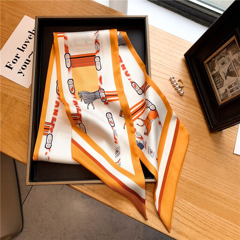 Elegant Print Satin Silk Skinny Scarf - Sabreeonline