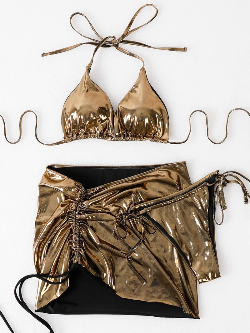 Glossy Swimsuits Three Piece Beach Outfits - Sabreeonline