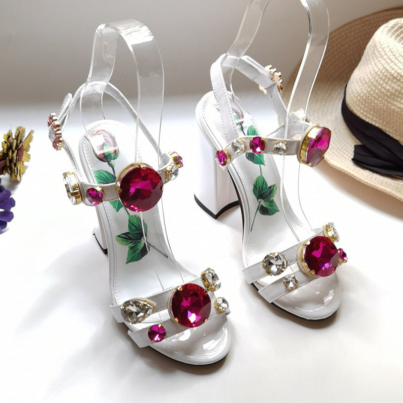 White Gemstone Chunky Heel Sandals - Sabreeonline
