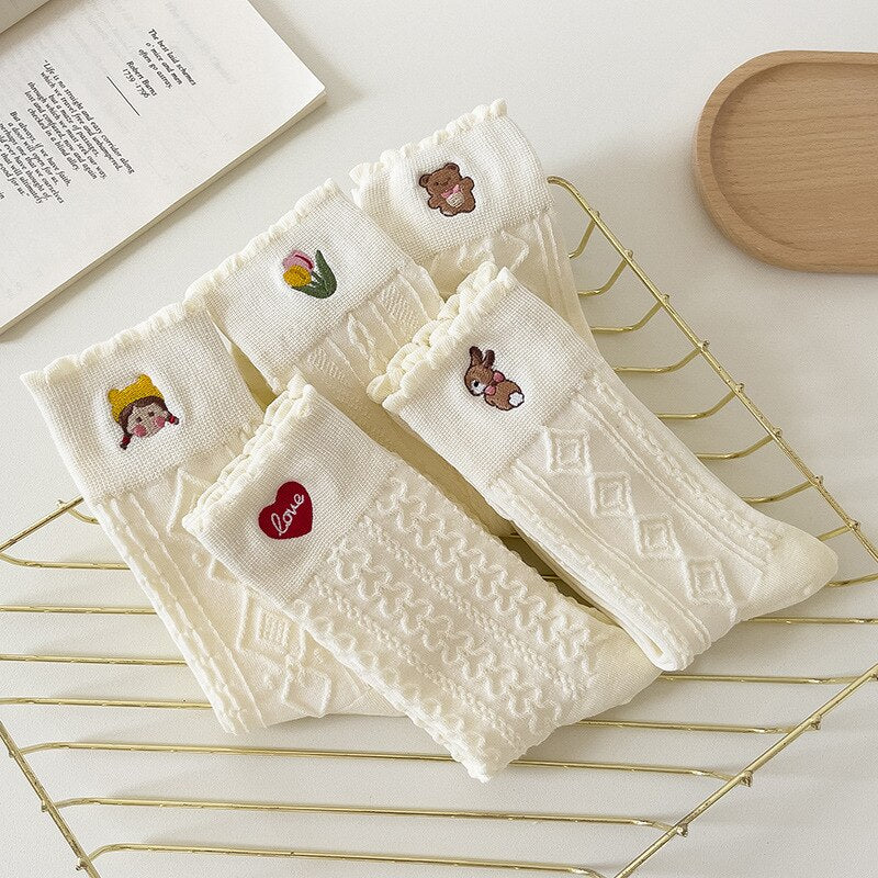 Casual Solid White Socks Women Embroidery Bear Love Flowers Girl Rabbit Cartoon Socks Spring Autum Harajuku Middle Socks - Sabreeonline