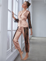 Women's Satin Pajamas Set Gorgeous Sleeve Top with Pant Contrast Lace Lounge Wear Hollow Out 2pcs Sleepwear - Sabreeonline
