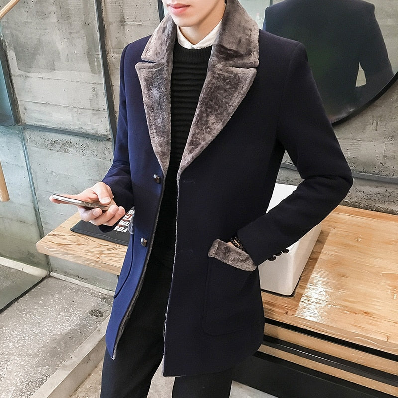 2022 Winter New Casual Windbreaker Men&#39;s Jacket Korean Long Section Large Fur Collar Jacket Men&#39;s Business Casual Warm Wool Coat - Sabreeonline