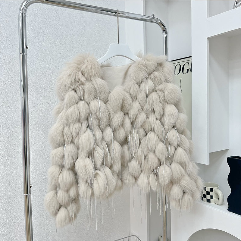 Natural Fox Fur Coat With Tassels Fashion winter Warm fur coat women CoatsReal Fox Fur jackets fur coatThick abrigos Jackets - Sabreeonline