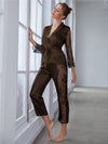 Women's Satin Pajamas Set Gorgeous Sleeve Top with Pant Contrast Lace Lounge Wear Hollow Out 2pcs Sleepwear - Sabreeonline