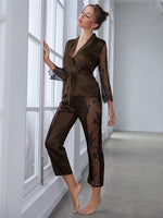 Women's Satin Pajamas Set Gorgeous Sleeve Top with Pant Contrast Lace Lounge Wear Hollow Out 2pcs Sleepwear - Sabreeonline