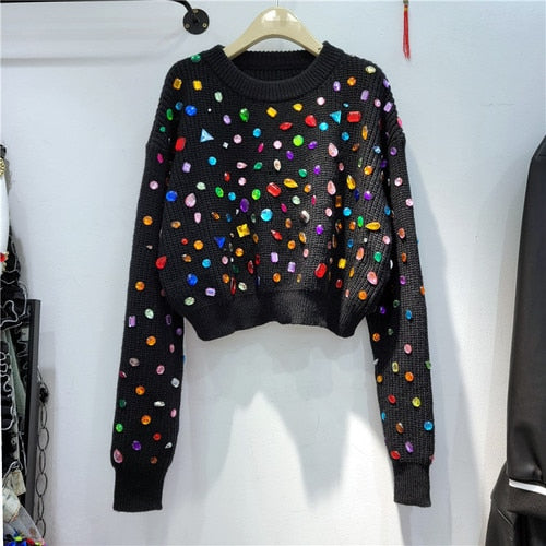 Rhinestone Sweater Long Sleeve High Waist - Sabreeonline