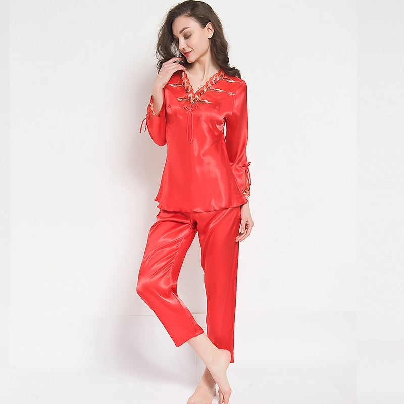 pijamas women Female pantsuit women Ice Silk Suit Long Sleeve silk pajamas Thin Bud Silk Sleeping Home Suit sleepwear - Sabreeonline