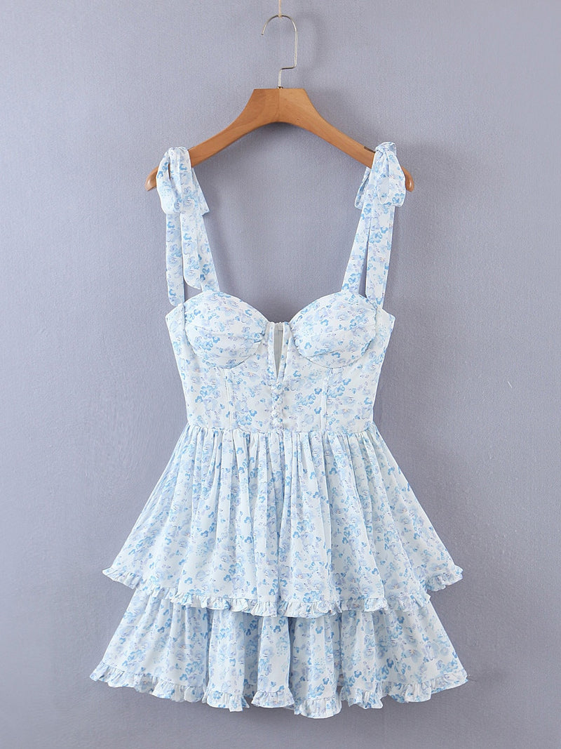 Retro Slit V Neck Corset Ruffle Dresses