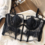 Sexy fishbone vest bra panty set eyelashes lace perspective soft steel ring anti-sagging underwear women bralette - Sabreeonline