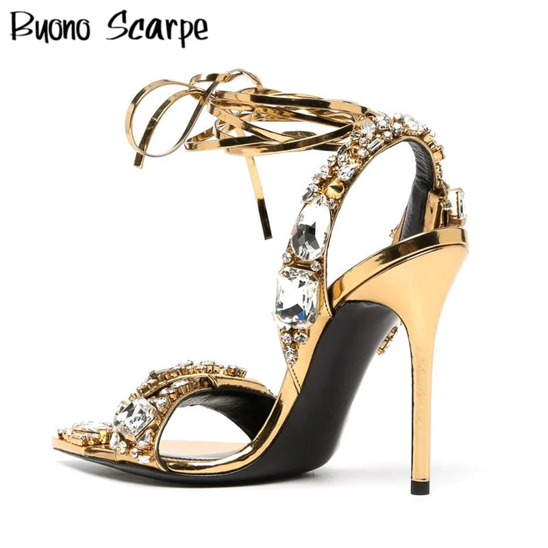 Mirror Crystal Heeled Sandals Pointed Rhinestone Stiletto High Heel Sandals Gold Stunning Bride Heels Ankle Strap Wedding Shoes - Sabreeonline