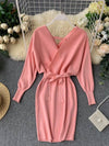 Sweater Dress Batwing Sleeve V Neck Elegant Dress Ladies Bandage Dress - Sabreeonline