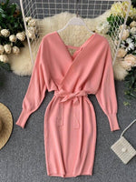 Sweater Dress Batwing Sleeve V Neck Elegant Dress Ladies Bandage Dress - Sabreeonline