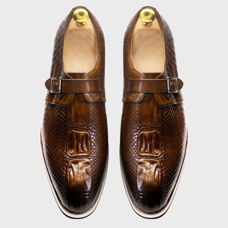 Mens Casual Shoes Genuine Leather Crocodile Pattern Classic Shoe for Men Leather Original Fashion Buckle Monk Strap Sneakers - Sabreeonline
