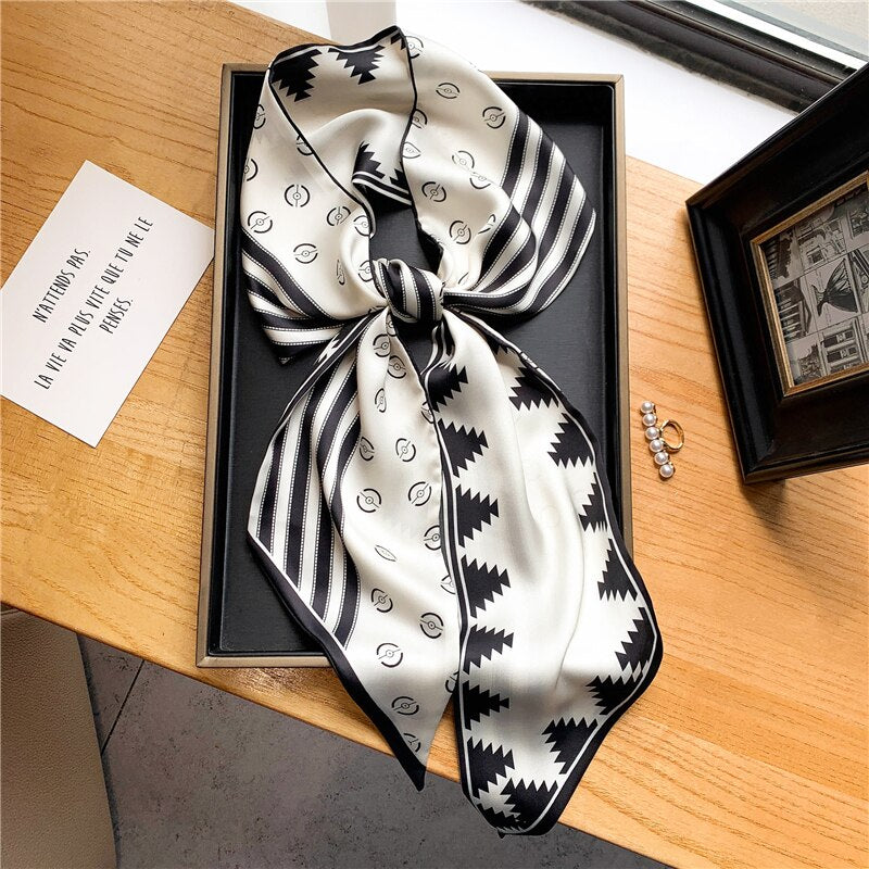 Elegant Print Satin Silk Skinny Scarf - Sabreeonline