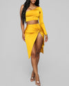 Women Solid Color 2pcs Clothes Suit Sexy One Shoulder Crop Top &amp; Twisted High Slit Skirt Set