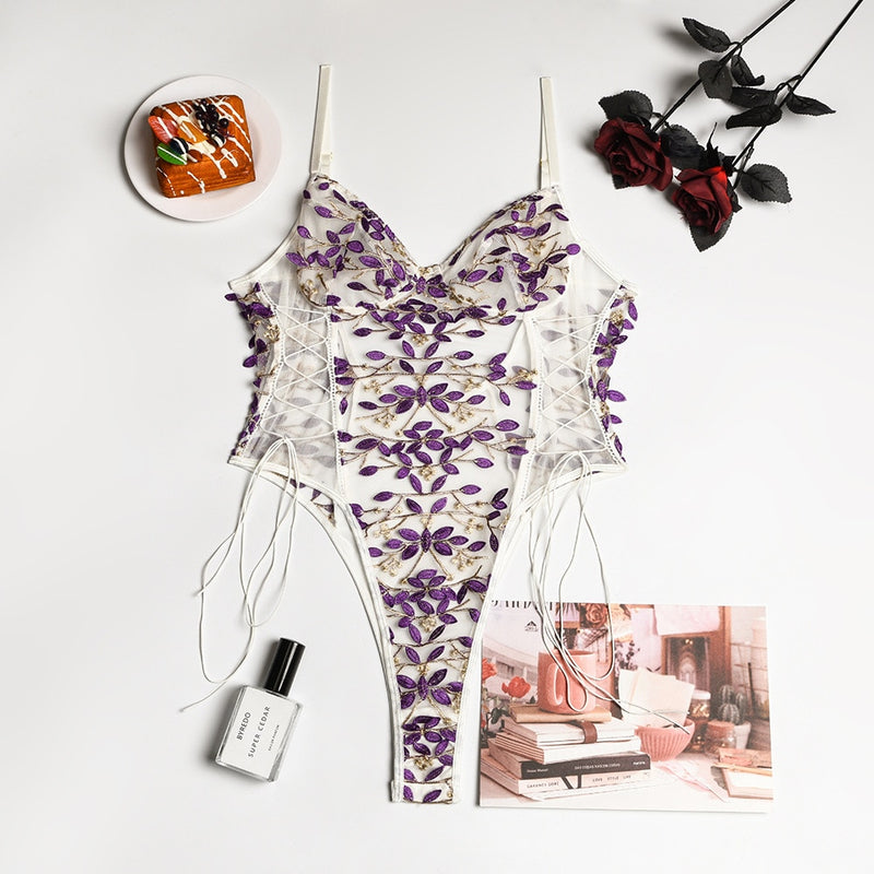 Women Teddy lingerie Sexy Underwear Erotic Corset Lace Mesh Sleepwear Nightwear  Embroidered strap one-piece sexy pajamas - Sabreeonline