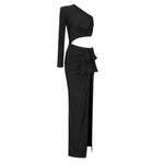 VC Black Long Dress Women Diagonal Collar One-Shoulder High Slit Ruched Design Evening Party Dress 2022 Autumn Winter New