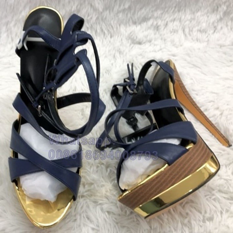 Blue Wooden Platform Ankle Buckle High Heels - Sabreeonline