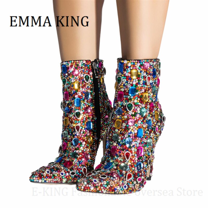 Women Multicolor Crystal Ankle Boots Sexy Stiletto Heels Rhinestone Cocktail Booties Ladies Bling Party Shoes Botas De Mujer - Sabreeonline