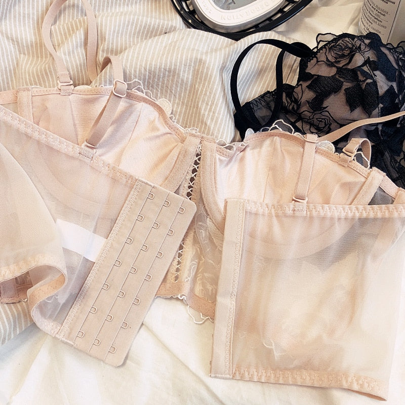 Rose Embroidery Perspective Lingerie Sexy Long Bra Set Thin Soft Steel Ring Top Underwear Anti-sagging Bralette Pantys Set - Sabreeonline
